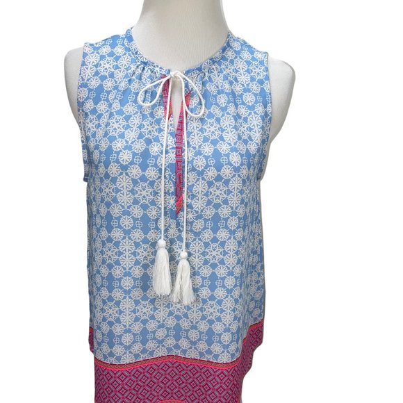 New Neiman Marcus Le Lis Long Sleeveless Slit Tie Neck Contrast Print Top - Picture 2 of 12